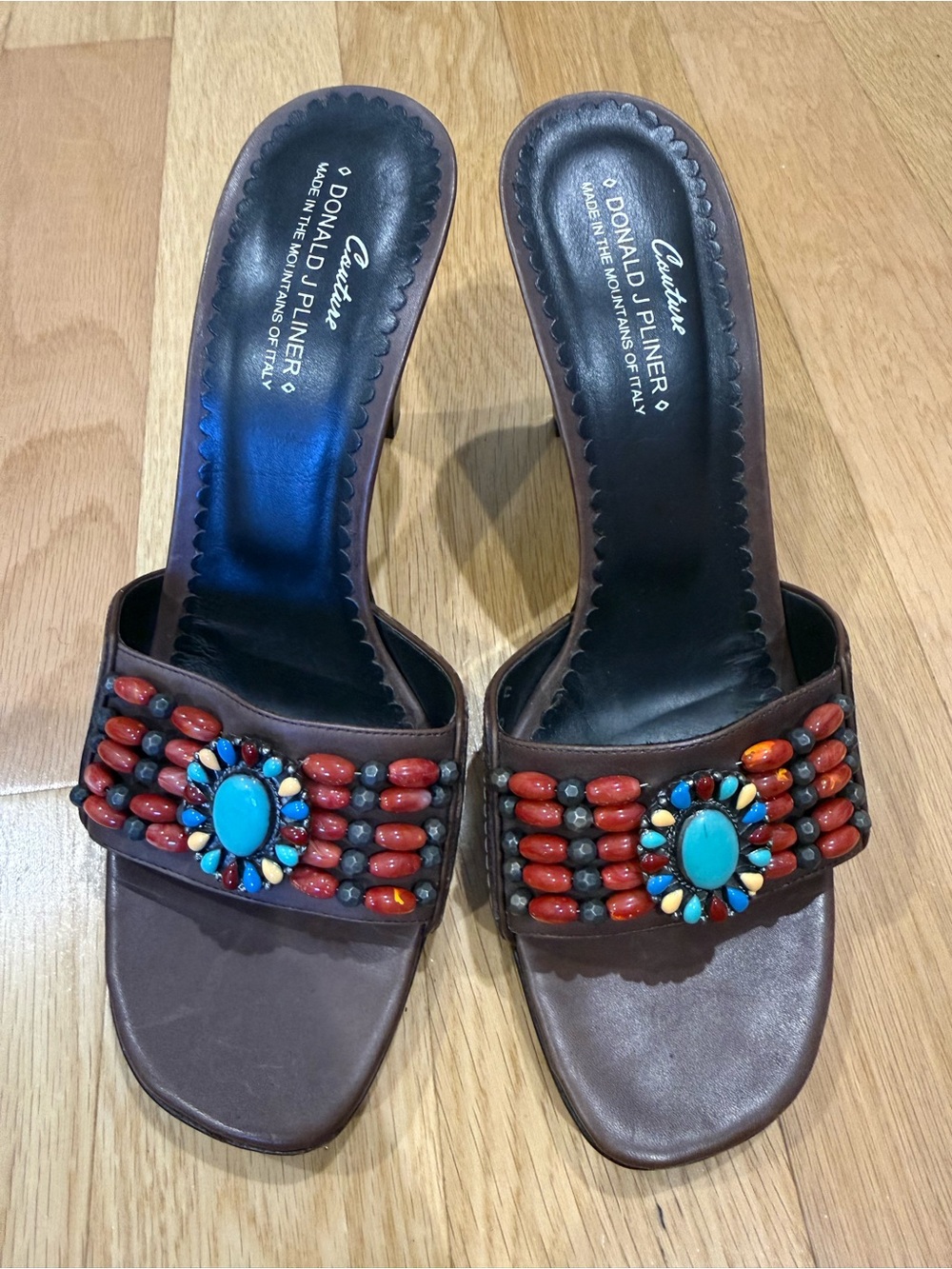 Donald J. Pliner couture Southwest Brown Beaded Mules with beading
